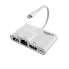 موزع الوسائط المتعددة Promate MediaSync‑LT 4 في 1 بمنفذ Lightning - HDMI بدقة 1080 بكسل، وEthernet بسرعة 10/100 ميجابت في الثانية، ومنفذ بيانات USB، وجسر شحن Lightning - أبيض