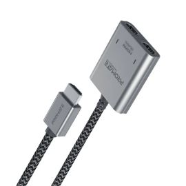 كابل موزع HDMI MediaSplit-H2 بدقة 4K وتردد 60 هرتز من بروميت - مخرج HDMI مزدوج، شريحة IT66630، كابل مضفر من النايلون بطول متر واحد، منفذ USB-C، توصيل وتشغيل - فضي