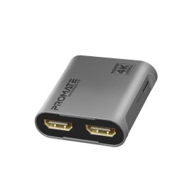 Promate MediaSplit-C2 4K, 60 Hz HDMI Splitter Cable – Dual HDMI Output, LT86102UX Chipset, USB-C Power, 2 m Heavy-Duty Cable – Black/Silver