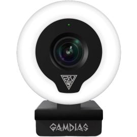 كاميرا ويب بث GAMDIAS IRIS M1، بدقة 1080 بكسل عالية الوضوح بمعدل 60 إطارًا في الثانية، مع ضبط تلقائي للصورة سريع، وإضاءة حلقية قابلة للتعديل مع 3 مستويات سطوع ودرجة حرارة لون، وعدسة شبه خالية من التشوه، وميكروفون مدمج، وتوصيل USB وتشغيله - أبيض/أسود