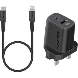 Promate 25W Power Delivery Dual Port Adapter with Ultra-Fast USB-C to Lightning Cable