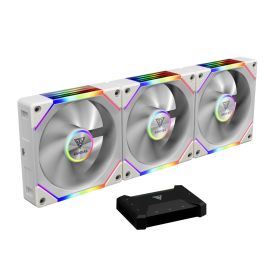 GAMDIAS AEOLUS P2-1203U WH 120 مم ARGB PWM Triple Castle Fan Pack، سلسلة ديزي بدون كابل، إطار سميك 30 مم، محمل هيدروليكي، إضاءة مرآة لا متناهية، وحدة تحكم USB AEOLUS Box II، أبيض