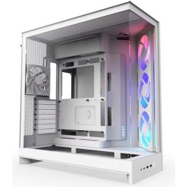 كيس NZXT H9 Flow RGB باللون الأبيض – كيس متوسط الحجم مزود بمراوح RGB، تصميم يركز على تدفق الهواء مع زجاج بانورامي مقوى