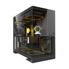 صندوق ألعاب Geometric Future M5 بزجاج مقسّى بحجم Mid Tower – أسود/رمادي، يدعم لوحات E-ATX/ATX، مع ألواح بدون أدوات و5 مراوح ARGB PWM بحجم 140 مم.