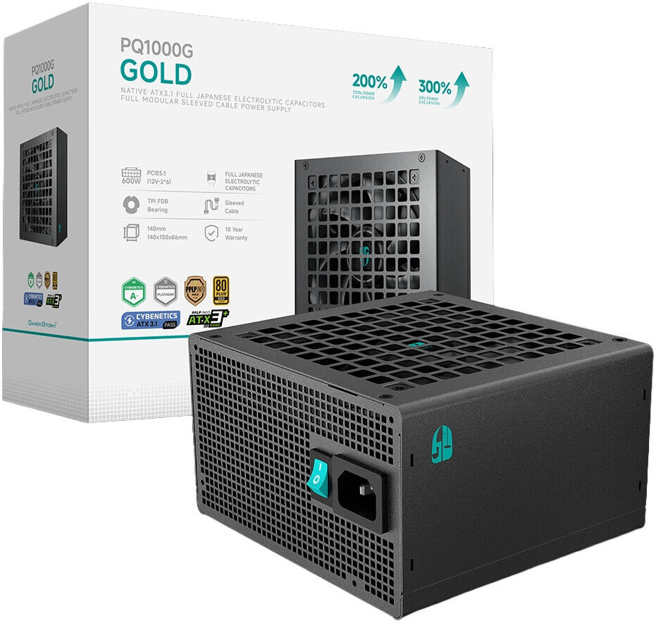 DeepCool PQ1000G Fully Modular Power Supply, 1000W Power, 80 PLUS Gold Efficiency, ATX 3.1 PCIe 5.1 Power Supply - Black
