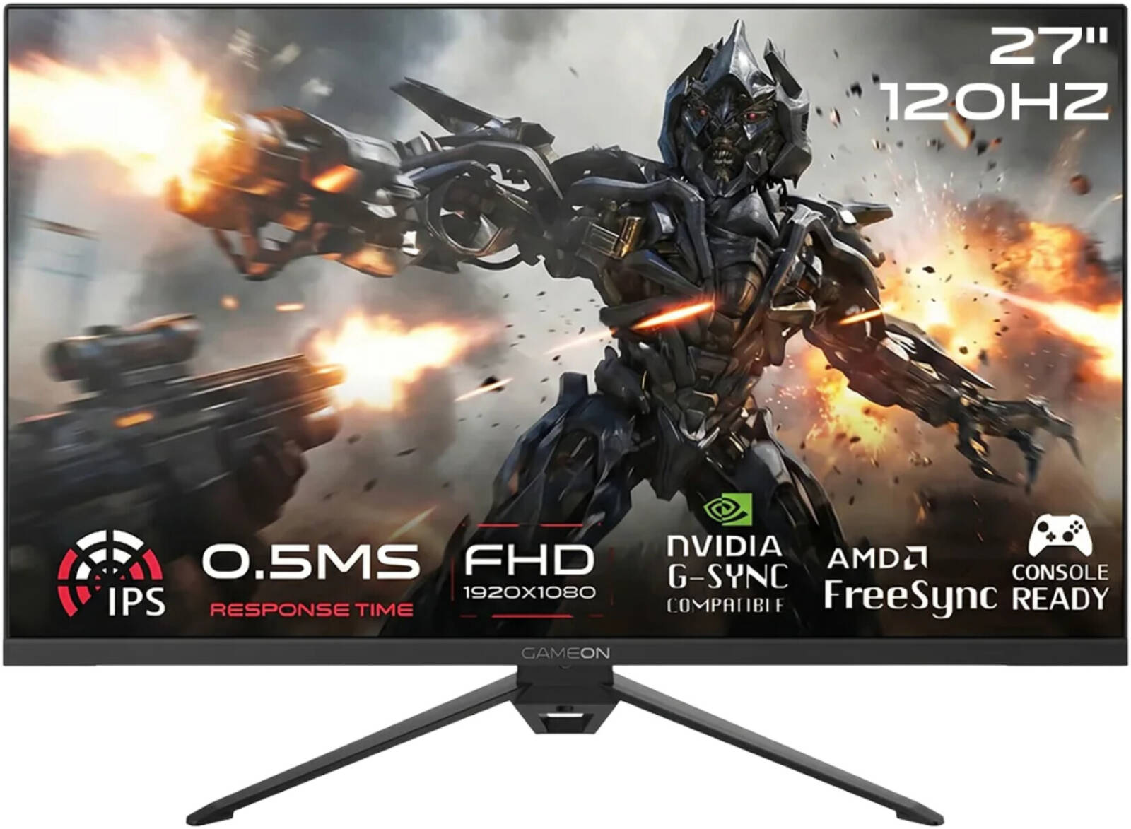 GAMEON GOES27FHD120IPS Essential Series Gaming Monitor 27" FHD 1920 x 1080 Fast IPS Display 120Hz Refresh Rate 0.5ms Response Time FreeSync/Adaptive-Sync Technology 1× HDMI 2.1 1× VGA - Black
