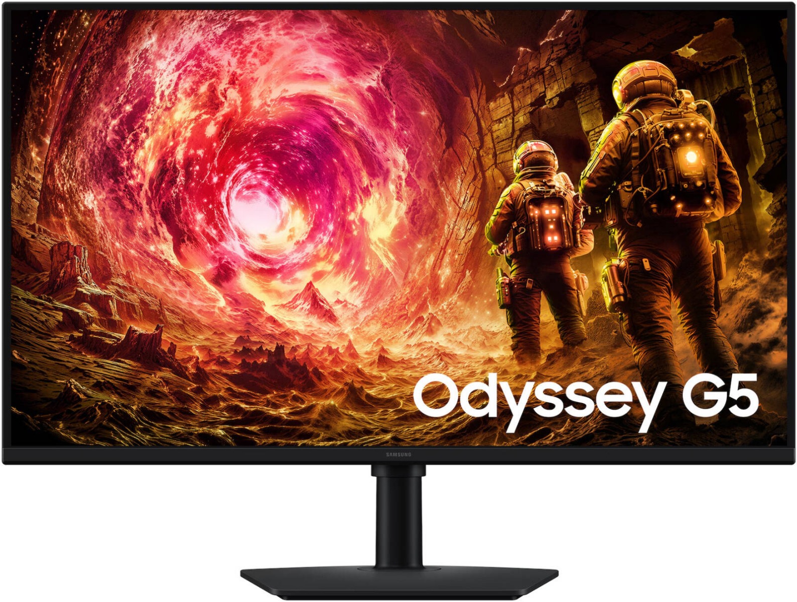 شاشة الألعاب سامسونج Odyssey G5 G50F مقاس 32 بوصة، لوحة IPS، بدقة QHD (2560 × 1440)، معدل تحديث 180 هرتز، زمن استجابة 1 مللي ثانية (GtG)، تدعم AMD FreeSync ومتوافقة مع G-Sync، باللون الأسود.