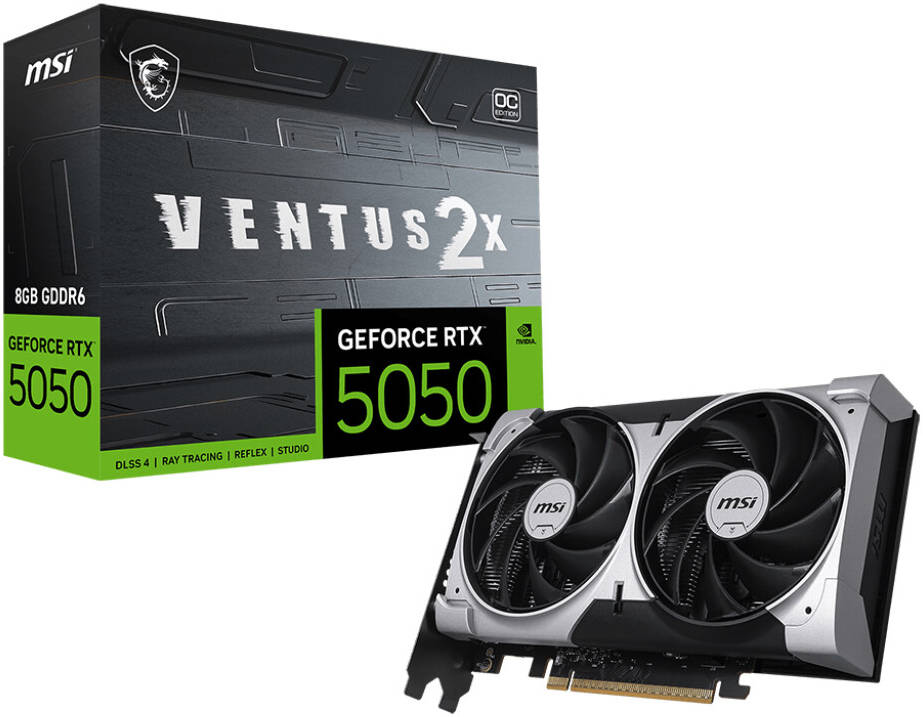 MSI GeForce RTX 5050 VENTUS 2X OC 8GB GDDR6 Graphics Card, 128-Bit Memory, 2602 MHz Engine Clock 2560 CUDA Cores, PCI Express Gen 5 x16 (uses x8)