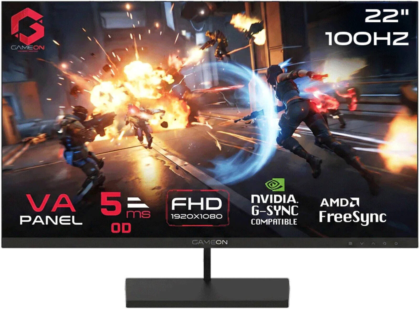شاشة الألعاب GAMEON من السلسلة الأساسية، مقاس 22 بوصة، بدقة FHD ‏1920 × 1080، لوحة VA، معدل تحديث 100 هرتز، زمن استجابة 5 مللي ثانية، شاشة مضادة للتوهج، مكبرات صوت مزدوجة مدمجة، منفذ HDMI 1.4 واحد، منفذ VGA واحد، باللون الأسود.