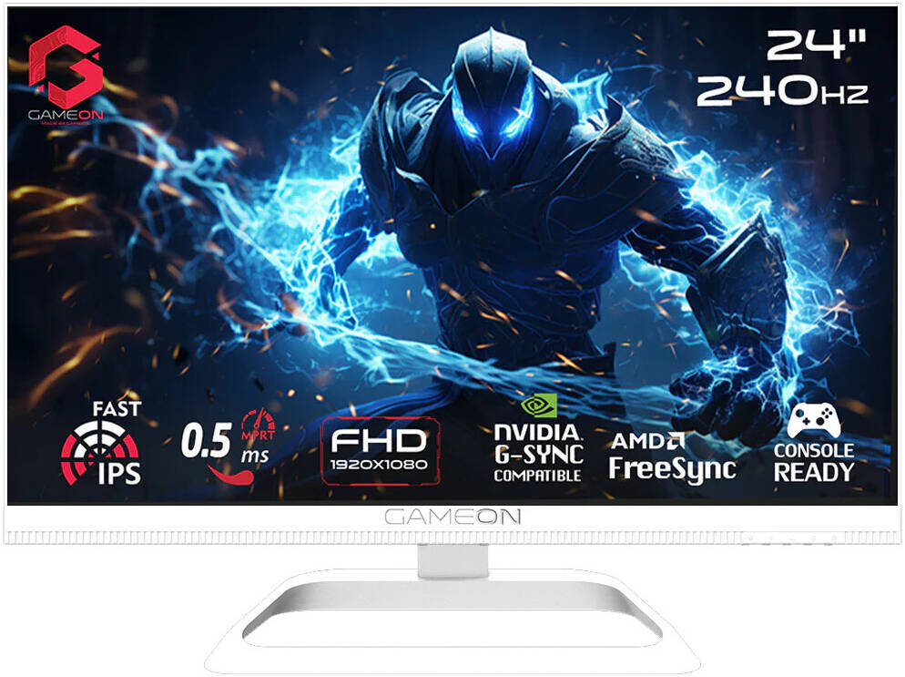 GAMEON GOA24FHD240IPS Artic Pro Series Gaming Monitor 24" FHD 1920 x 1080 Fast IPS Display 240Hz Refresh Rate 0.5ms MPRT Response Time AMD FreeSync & Adaptive-Sync 1× HDMI 2.1 1× DP 1.4 - White