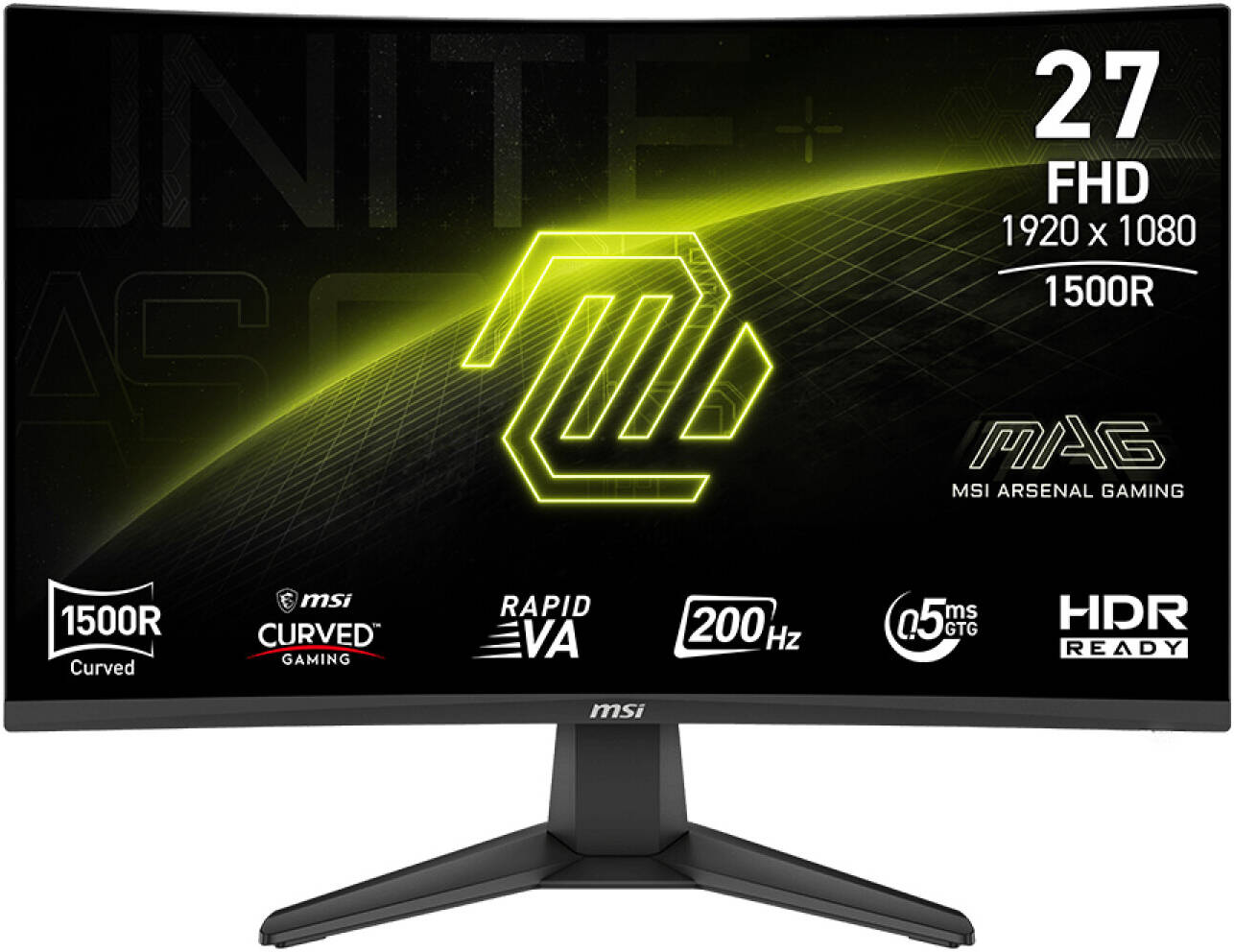 شاشة ألعاب إم إس آي MAG E20 المنحنية مقاس 27 بوصة 276CF FHD Rapid VA Display 1920 × 1080 معدل تحديث 200 هرتز 0.5 مللي ثانية (GtG) وقت استجابة تقنية AMD FreeSync Premium، شاشة ملونة 1.07b، لون أسود