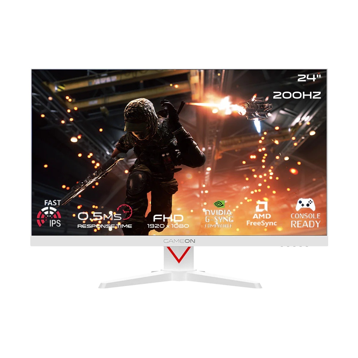 شاشة ألعاب منحنية GAMEON GOAM24FHD200IPS Marksman Series مقاس 24 بوصة، بدقة FHD ‏1920 × 1080، مزودة بلوحة Fast IPS، ومعدل تحديث 200Hz، وزمن استجابة 0.5ms ‏MPRT، ودعم HDR400، وتقنيات FreeSync وG-Sync المتوافقة، ومنفذ HDMI 2.1 ومنفذ DisplayPort 1.4، باللون 