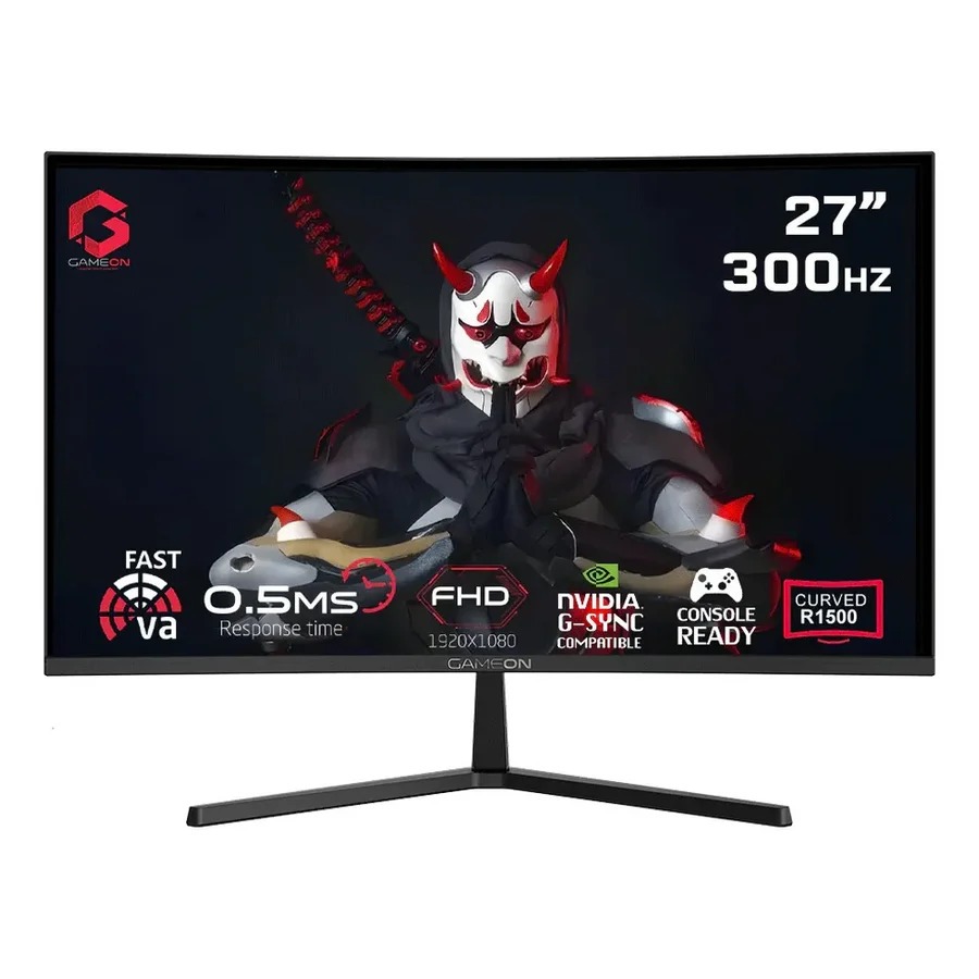 شاشة ألعاب GameOn GOC27F300 Pro Series منحنية 27 بوصة بدقة FHD ‏1920 × 1080، لوحة VA سريعة، معدل تحديث 300Hz، زمن استجابة 0.5ms ‏(MPRT)، دعم HDR، وتقنية FreeSync، مع منفذي HDMI 2.1 ومنفذي DisplayPort 1.4، باللون الأسود.