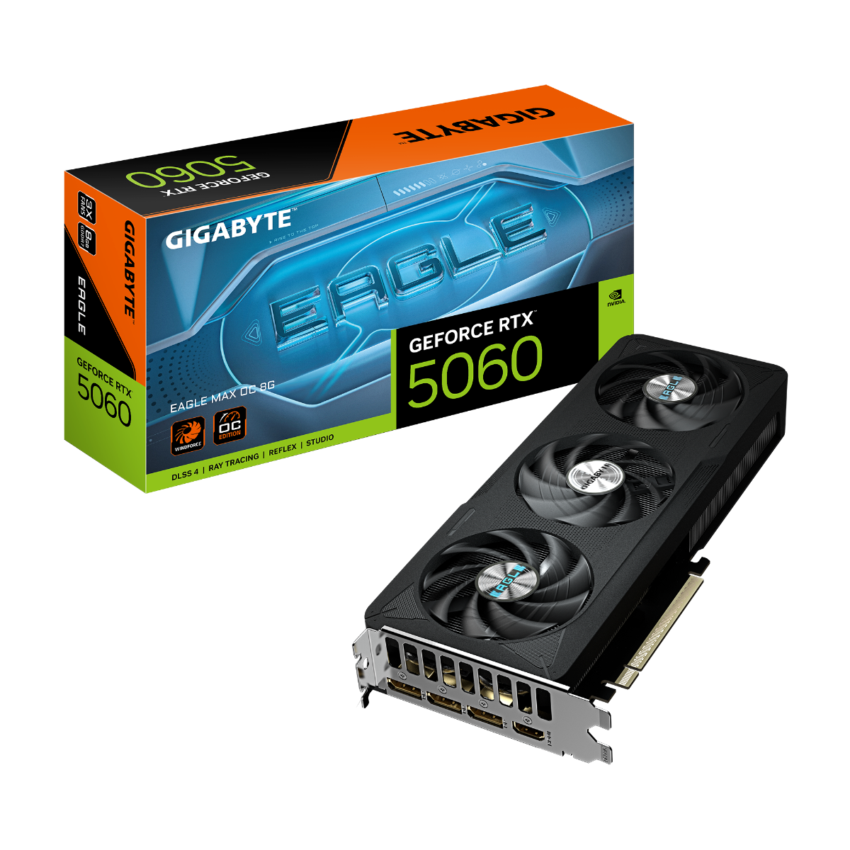 بطاقة رسومات GIGABYTE GeForce RTX 5060 EAGLE MAX OC 8G (GV-N5060EAGLEMAX OC-8GD) – ذاكرة 8 جيجابايت GDDR7 128 بت، سرعة نقل بيانات 28 جيجابت في الثانية، 3840 وحدة CUDA، تردد 2550 ميجاهرتز، منفذ PCIe 5.0، 3 منافذ DP 2.1b + منفذ HDMI 2.1b