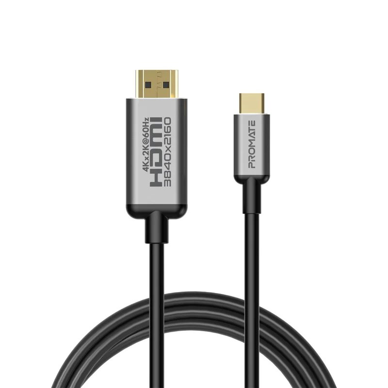 Promate HDLink-60H USB-C to HDMI Cable 1.8 m 4K, 60 Hz UHD, flexShield PVC Plug-and-Play, Thunderbolt 3 Compatible  Grey