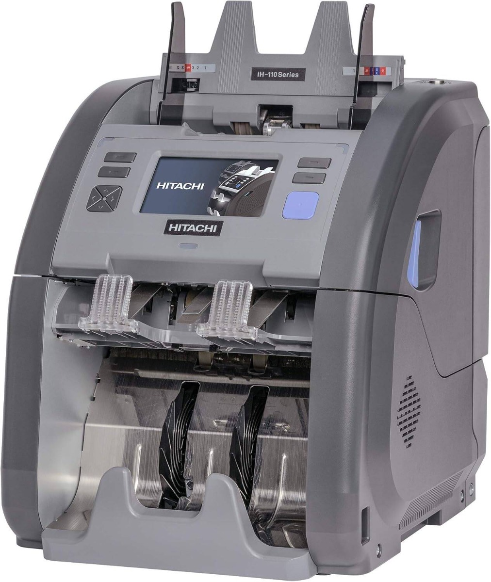Hitachi IH110FS Cash Counting and Sorting Machine Full Color Dual CIS OCR MICR Barcode Capture Multi-Currency Counterfeit Detection Fitness Sorting 4.3″ Touch LCD LAN USB RS232