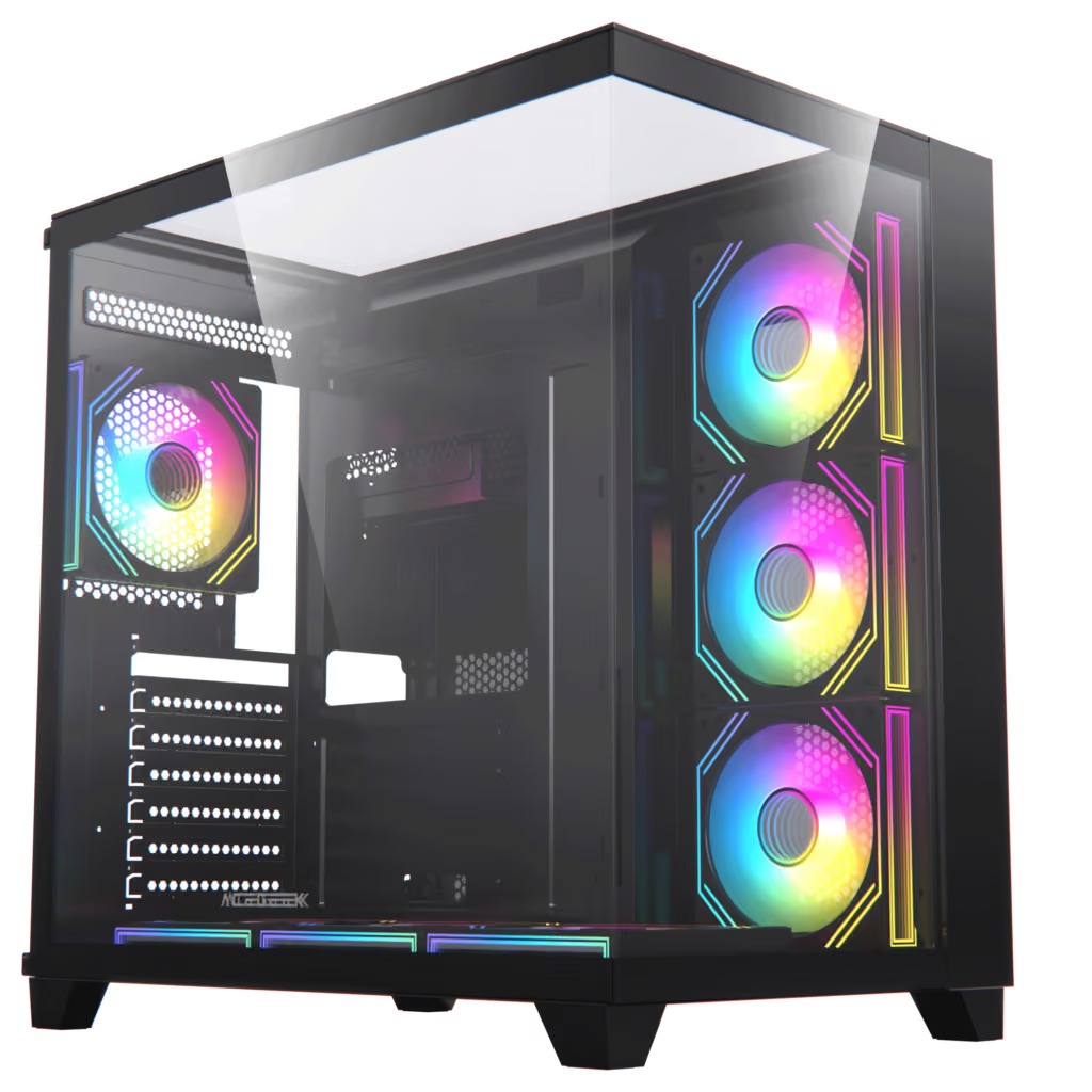 كيس كمبيوتر Acegeek Horizon Type-C أسود بتصميم ATX متوسط الحجم، يدعم اللوحات الأم ATX وM-ATX وITX، فولاذ SPCC بسماكة 0.6 مم، أقصى طول مدعوم لبطاقة الرسومات 410 مم