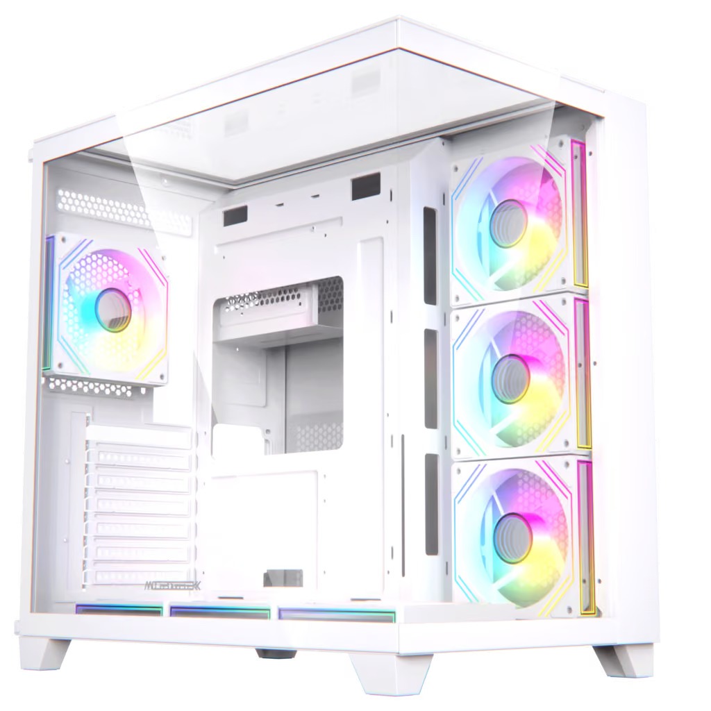 كيس كمبيوتر Acegeek Horizon Type-C أبيض بتصميم ATX متوسط الحجم، يدعم اللوحات الأم ATX وM-ATX وITX، فولاذ SPCC بسماكة 0.6 مم، أقصى طول مدعوم لبطاقة الرسومات 410 مم