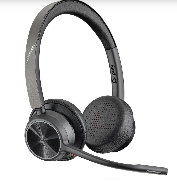 سماعة رأس لاسلكية Poly Voyager 4320 UC مع بلوتوث ومحول USB-A BT700 معتمدة من Microsoft Teams، ستيريو على الأذن