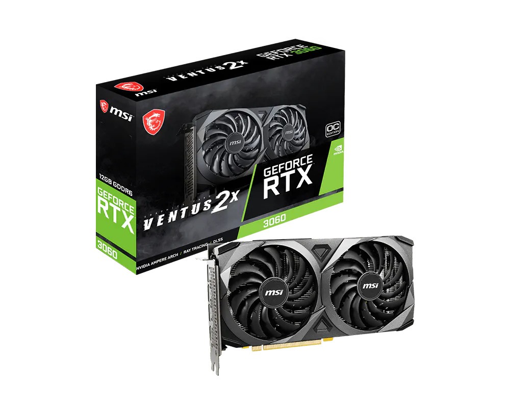 MSI GeForce RTX 3060 VENTUS 2X OC 12GB GDDR6 Graphic Card, 192-bit, Boost 1807 MHz, PCIe 4.0, 3 x DisplayPort 1.4, HDMI 2.1, 170W, Dual Fan, 550W Recommended PSU