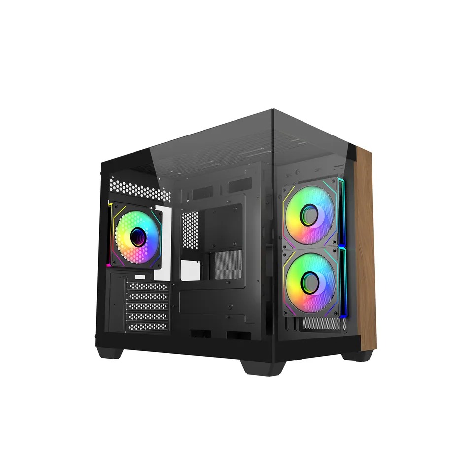 صندوق كمبيوتر كولر ماستر Elite 481 Wood ميني تاور يدعم Micro ATX وITX بغرفتين وزجاج مقسّى وواجهة أمامية من الخشب الطبيعي ومراوح ARGB أسود