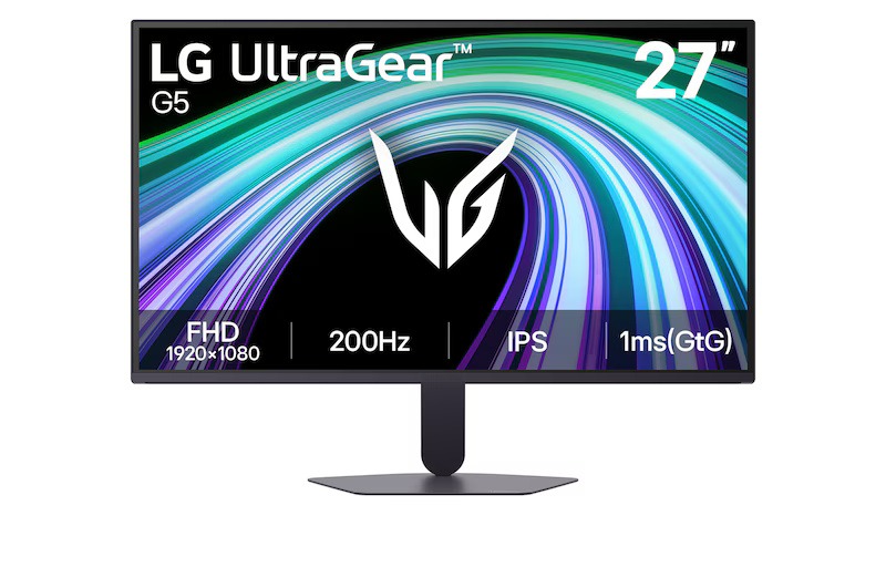 شاشة ألعاب LG UltraGear G5 مقاس 27 بوصة بدقة FHD ‏1920 × 1080، لوحة IPS، معدل تحديث 200 هرتز، زمن استجابة 1 مللي ثانية (GtG عند وضع Faster)، متوافقة مع NVIDIA G-SYNC وتدعم AMD FreeSync Premium، منفذا HDMI ومنفذ DisplayPort 1.4، باللون الأسود.