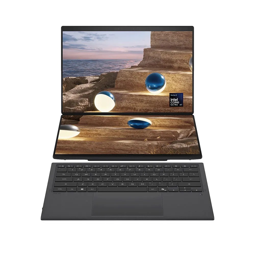 لابتوب ASUS Zenbook Duo UX8407AA-SN062W بشاشتين، بمعالج Intel Core Ultra 7-355H، ذاكرة وصول عشوائي 32 جيجابايت، سعة تخزين 1 تيرابايت SSD، رسومات Intel Arc، شاشتان 14 بوصة 3K OLED تعملان باللمس، نظام التشغيل ويندوز 11 هوم، لوحة مفاتيح إنجليزي عربي – رمادي