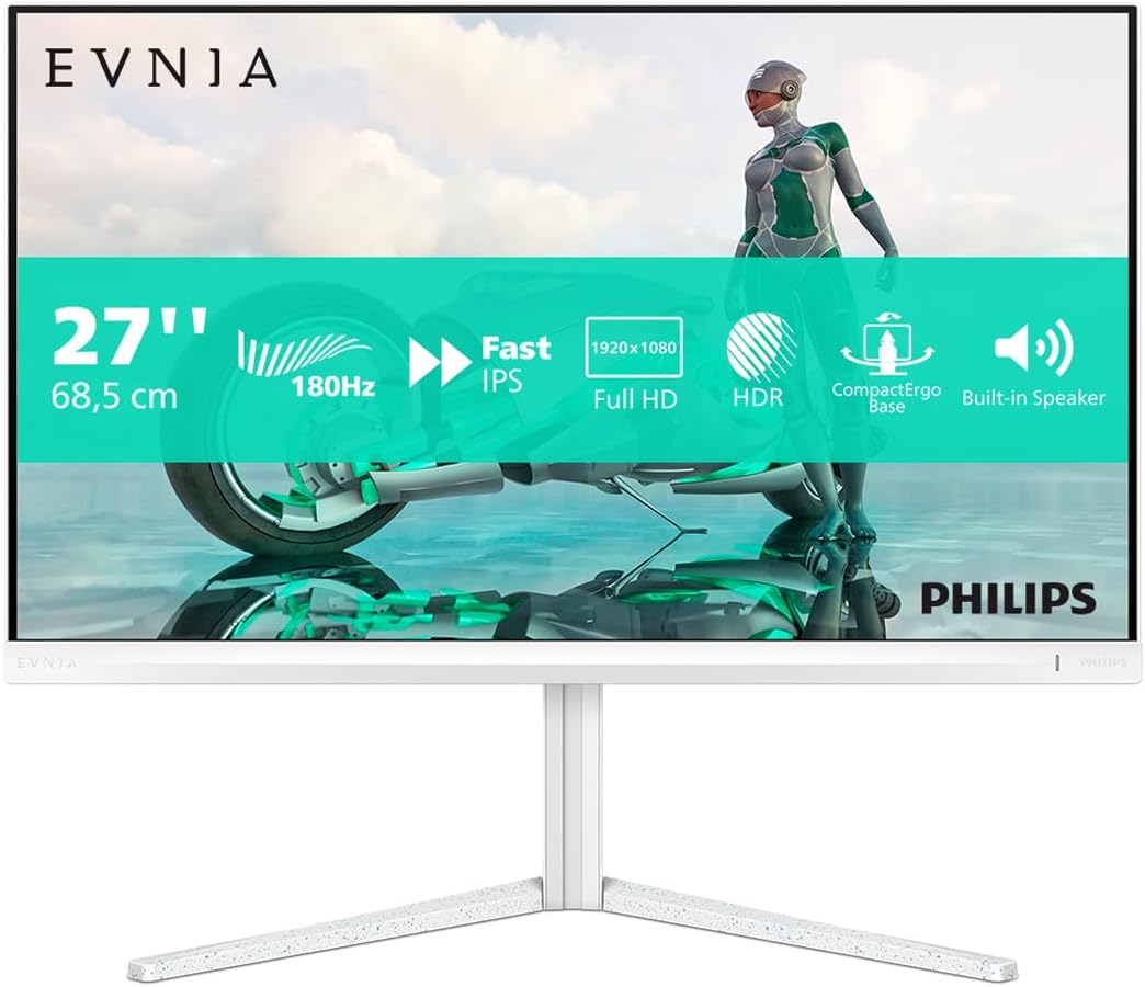 Philips Evnia 27M2N3201A/00 27 inch Full HD Display Fast IPS Gaming Monitor 180Hz refresh rate 1ms Response time HDR10 White