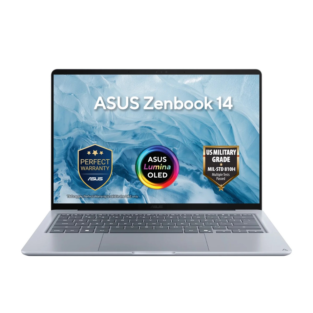 حاسوب محمول ASUS Zenbook 14 UX3480QA-U1022W بمعالج Snapdragon X X1-26-100، ذاكرة وصول عشوائي 16 جيجابايت، وحدة تخزين SSD بسعة 512 جيجابايت، رسومات Qualcomm Adreno، شاشة OLED WUXGA مقاس 14 بوصة، نظام تشغيل Windows 11 Home، لوحة مفاتيح بإضاءة خلفية باللغتين