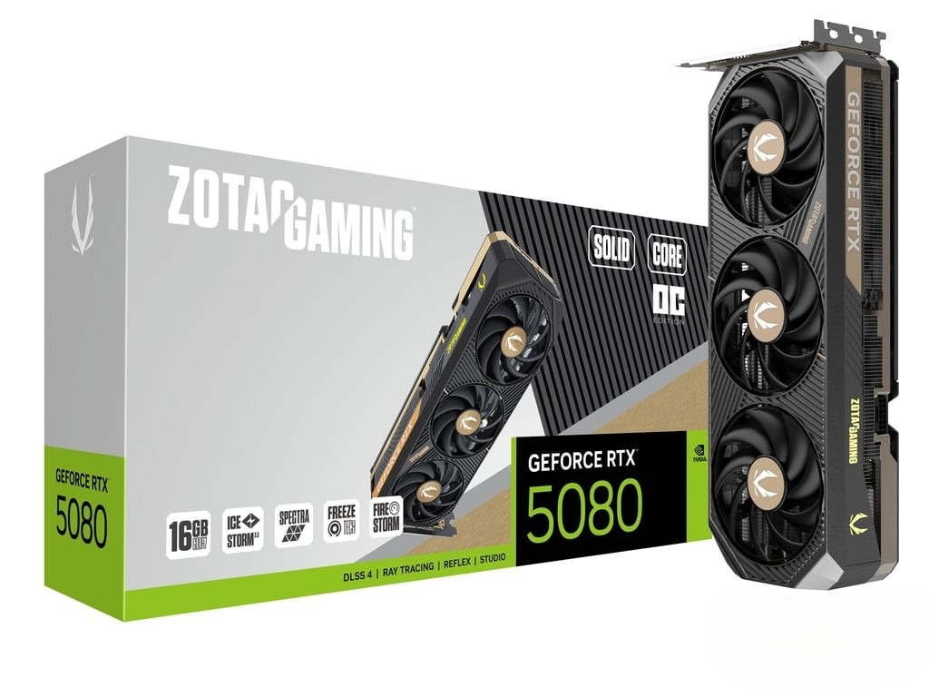 بطاقة رسومات ZOTAC GAMING GeForce RTX 5080 SOLID CORE OC، ذاكرة GDDR7 سعة 16 جيجابايت، PCIe 5.0، بنية Blackwell، سرعة 2640 ميجاهرتز، تبريد IceStorm 3.0 ثلاثي المراوح، ألوان Spectra RGB، متوافقة مع دقة 8K